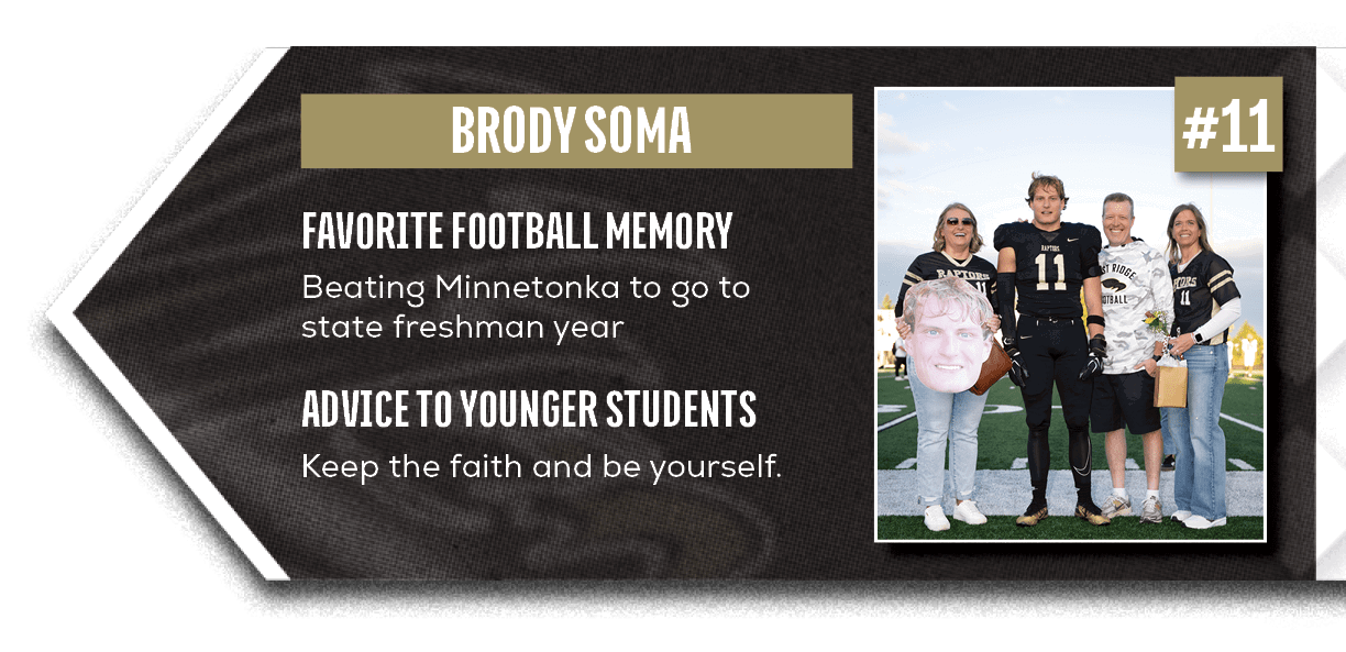Keep the faith and be yourself.,Beating Minnetonka to go to state freshman year,ADVICE TO YOUNGER STUDENTS,FAVORITE F...