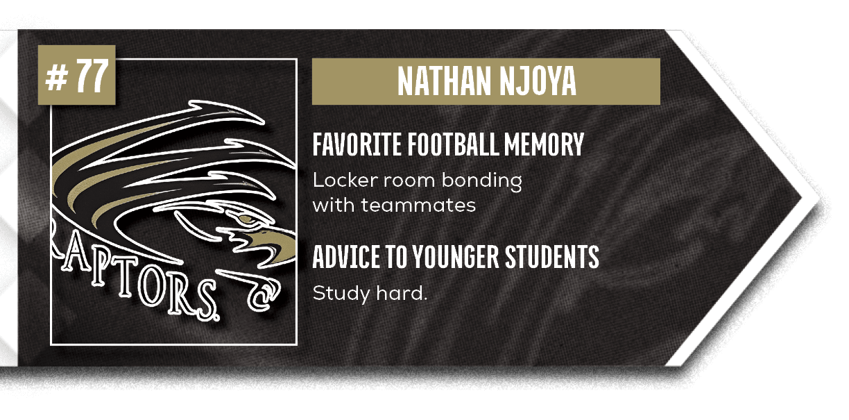 Study hard.,Locker room bonding with teammates,ADVICE TO YOUNGER STUDENTS,FAVORITE FOOTBALL MEMOR