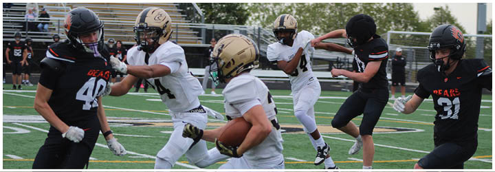 A group of football players on a field. Description generated by AI