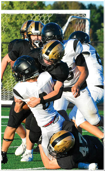 A football player running on the field. Description generated by AI