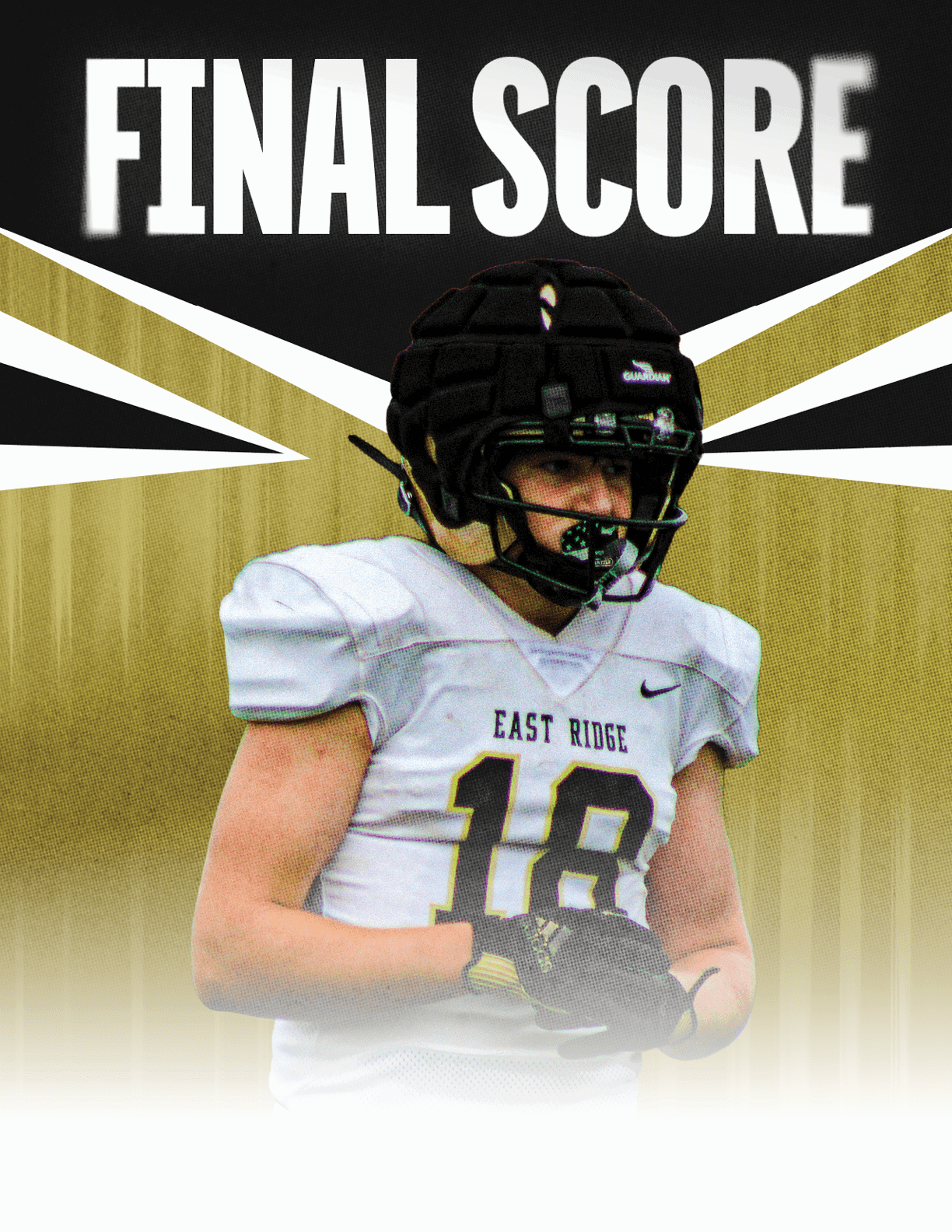 A football player wearing a black helmet with a green ribbon. Description generated by AI