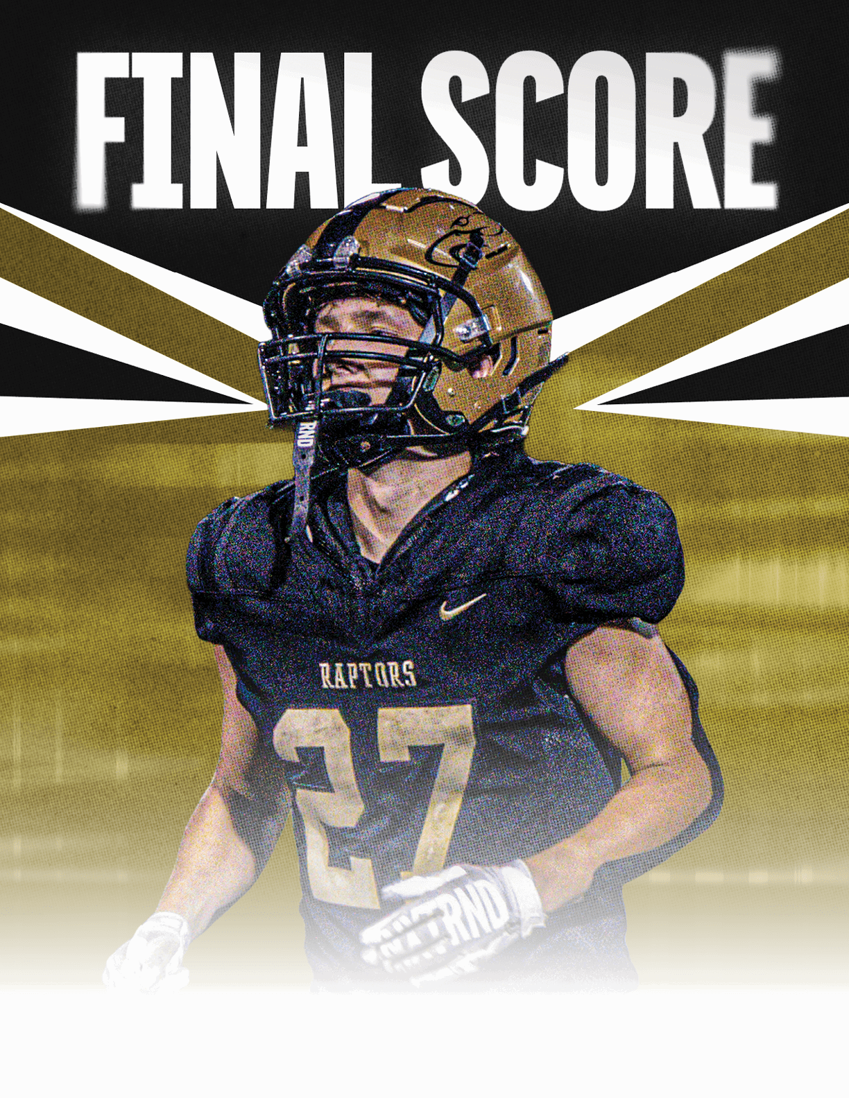 A football player wearing a black helmet with a green ribbon. Description generated by AI