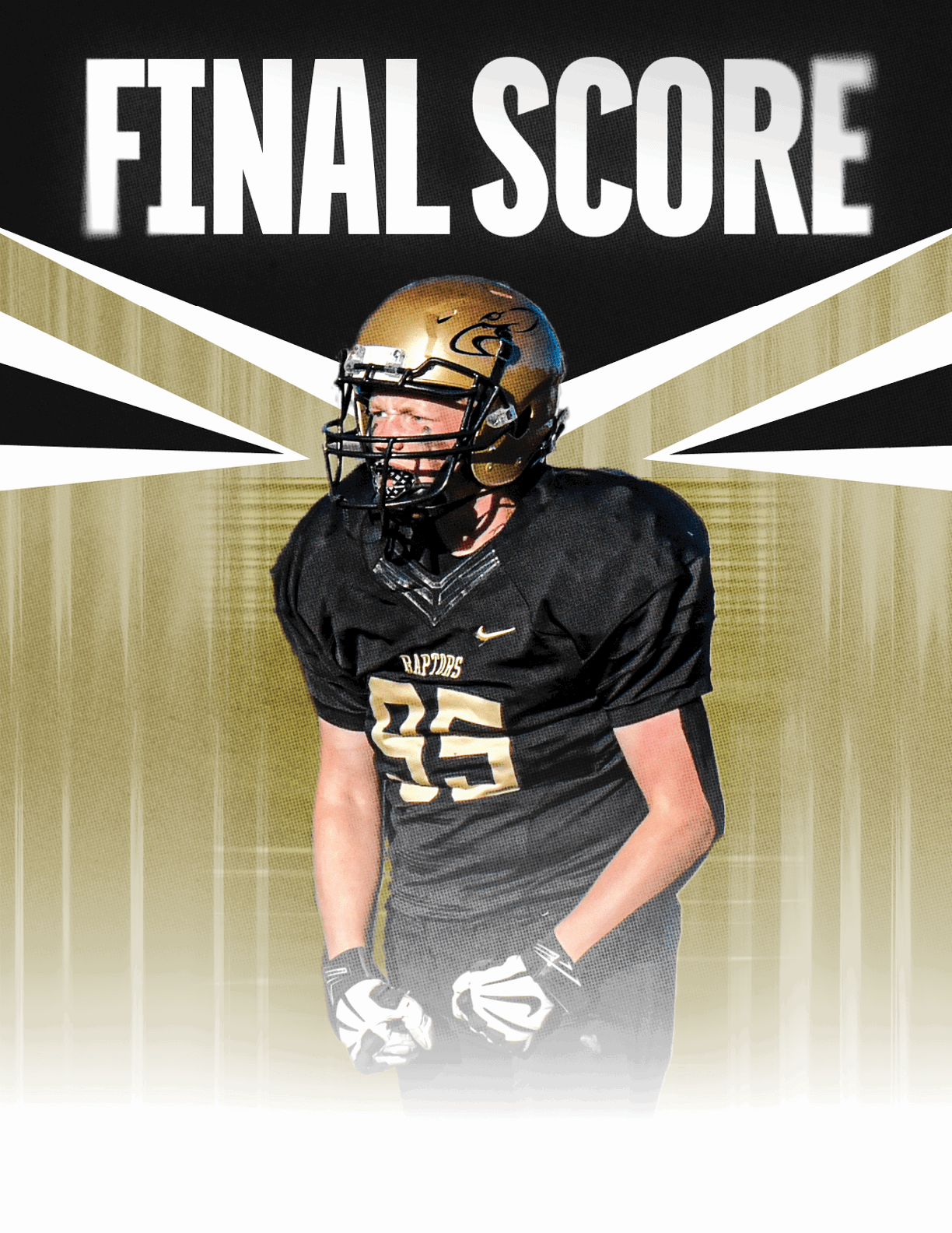A football player wearing a black helmet with a green ribbon. Description generated by AI