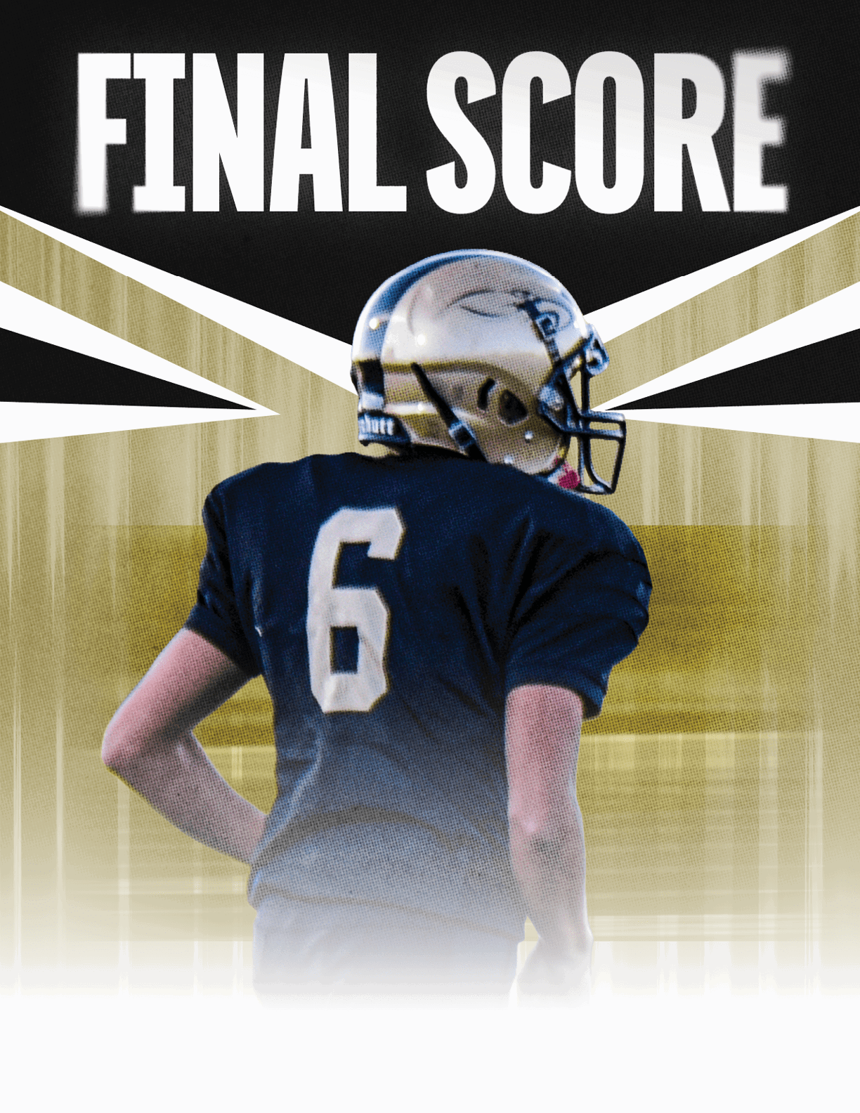 A football player wearing a black helmet with a green ribbon. Description generated by AI