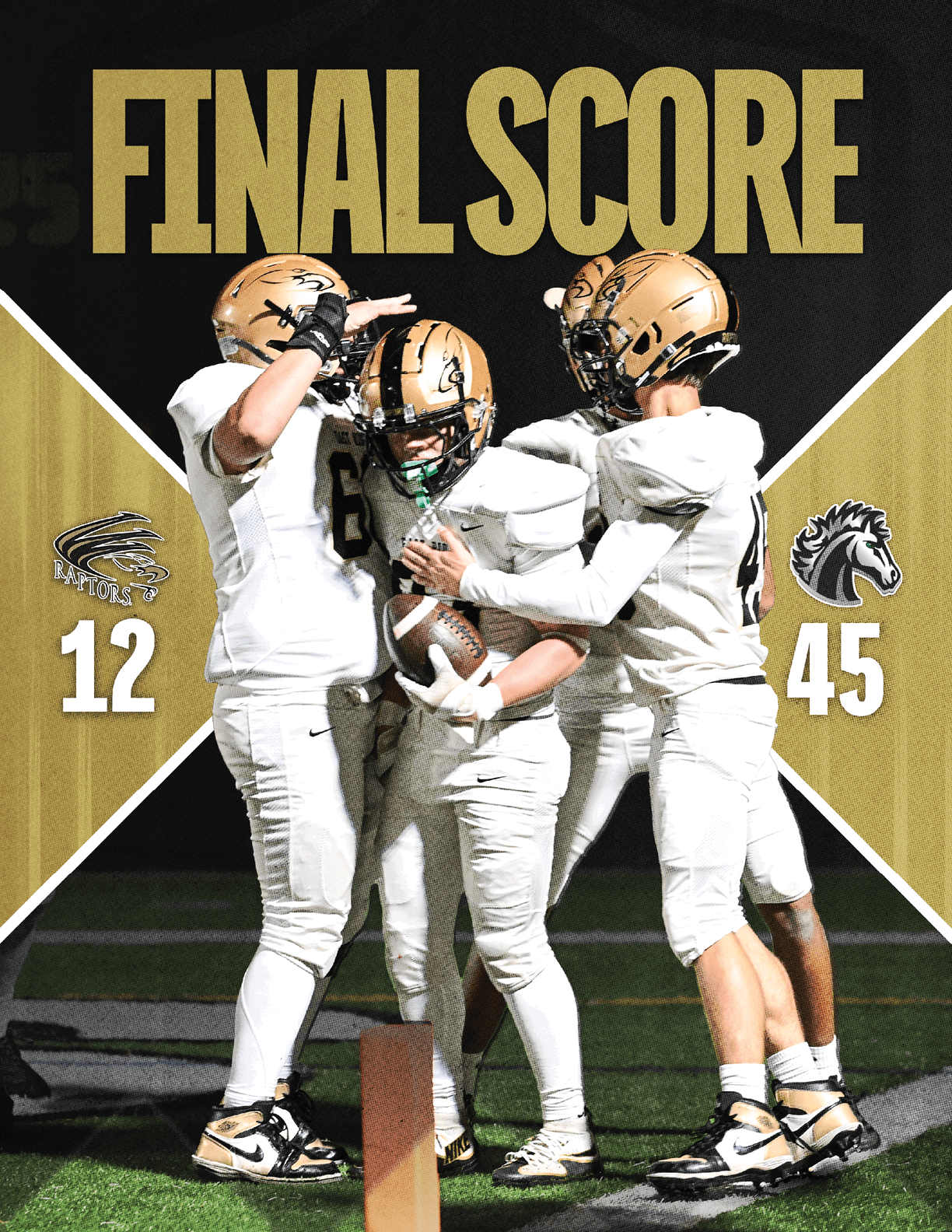 A person in a football uniform celebrating on a field with a final score graphic showing the Wildcats defeating the Cardinals. Description generated by AI