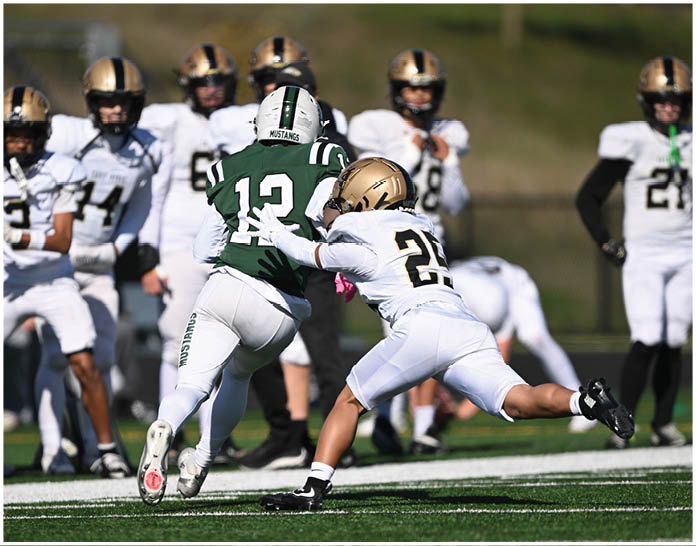 A group of football players wearing black and white uniforms. Description generated by AI