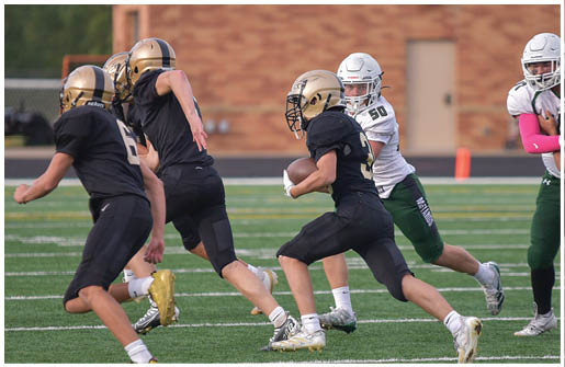 A football player running on the field. Description generated by AI