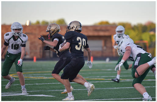 A football player running on the field. Description generated by AI