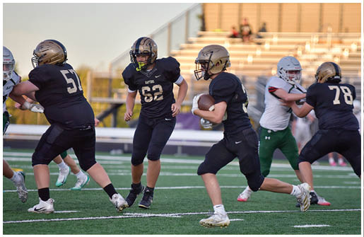 A football player running on the field. Description generated by AI