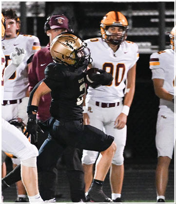 A football player running on the field. Description generated by AI