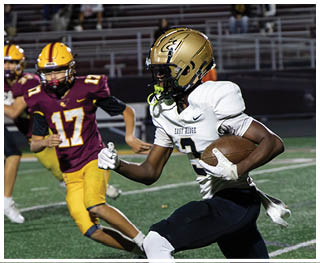 A football player running on the field. Description generated by AI