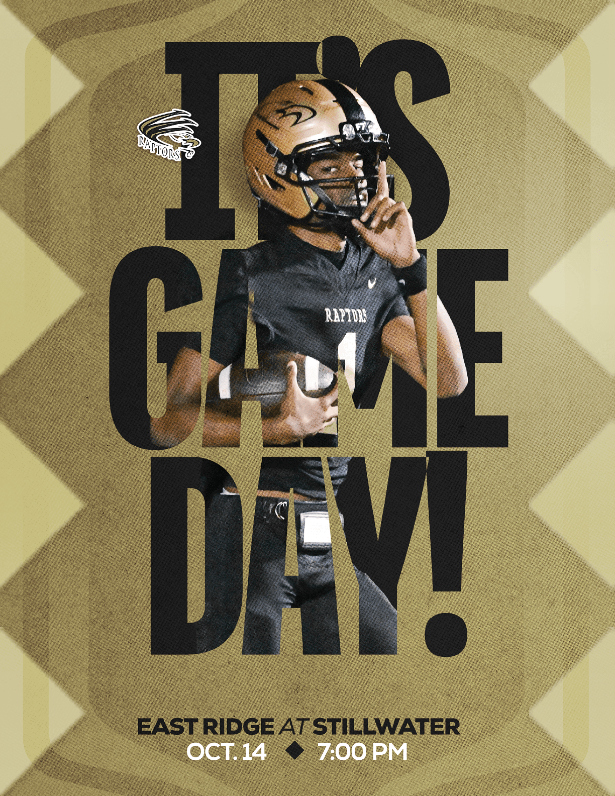 A person in a football uniform and helmet stands against a red background with bold black text reading “It's Game Day" and details about a football game between Estero and Yorbalinda on October 24 at 7 PM. Description generated by AI