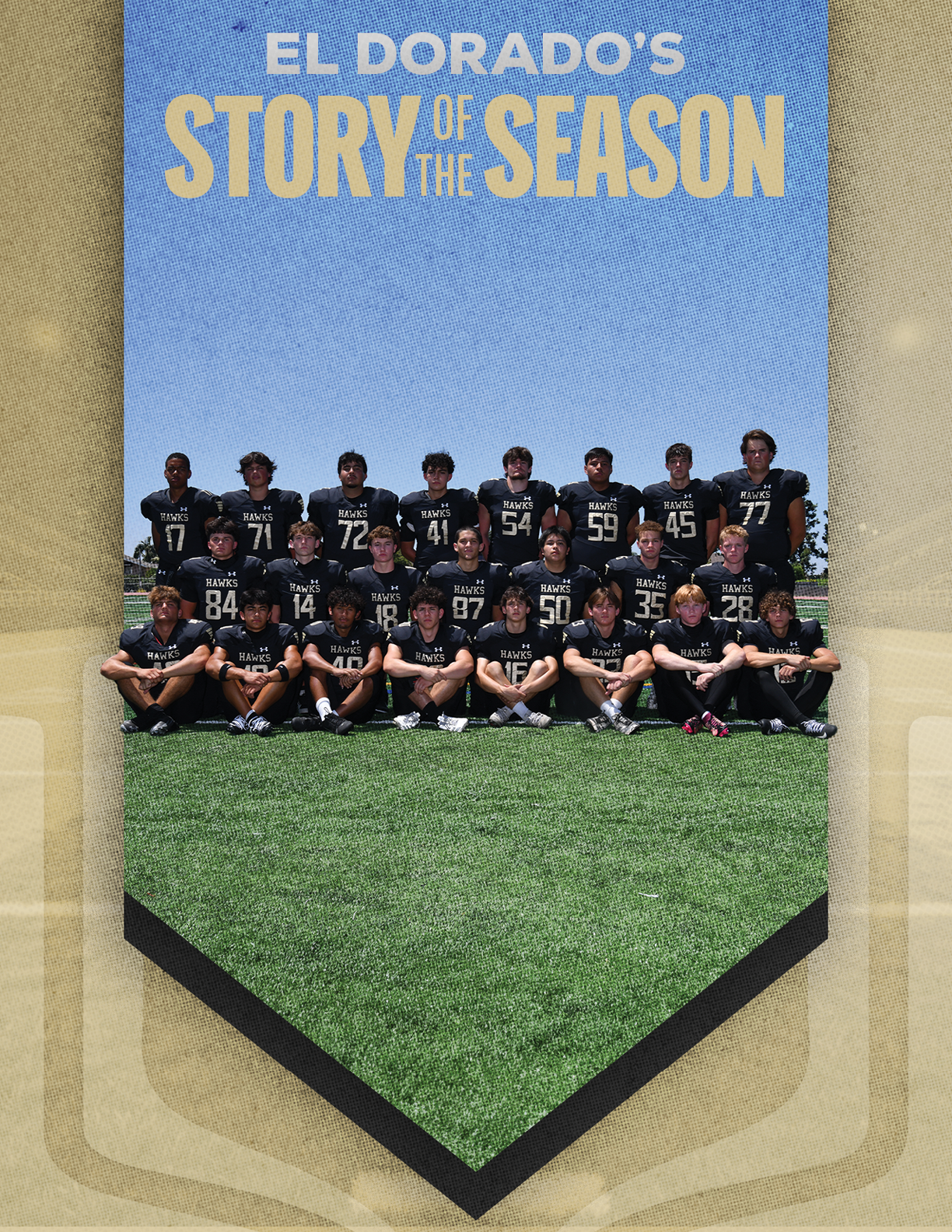 A group of people wearing matching sports uniforms pose together on a grassy field under a clear blue sky with the text “El Dorado's Story of the Season" above them. Description generated by AI