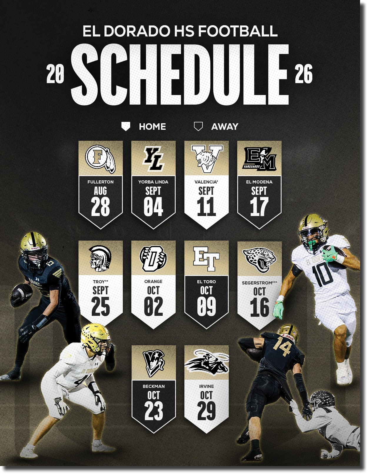 El Dorado High School football schedule graphic with team logos, dates, and images of players in action wearing black and white uniforms. Description generated by AI