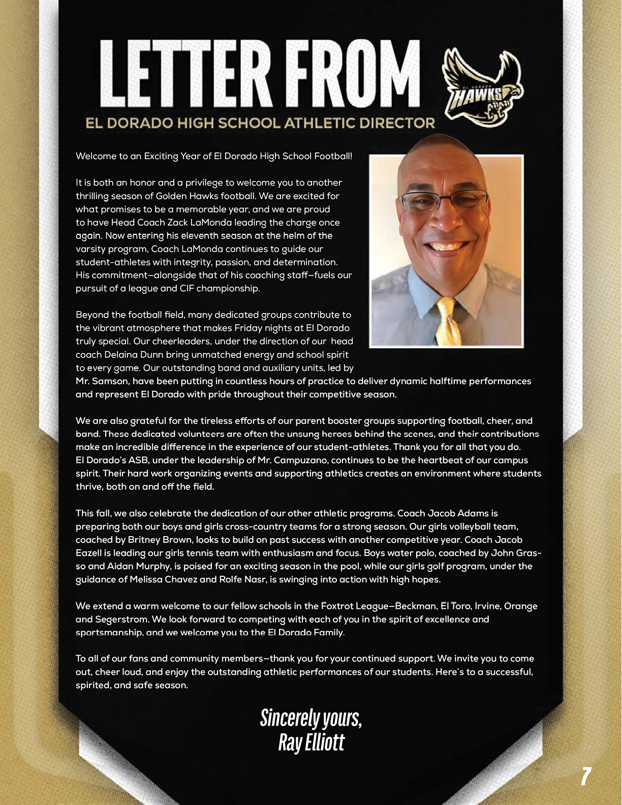 A letter from the El Dorado High School Athletic Director welcoming students to the football season, highlighting team spirit, community support, and upcoming events. Description generated by AI