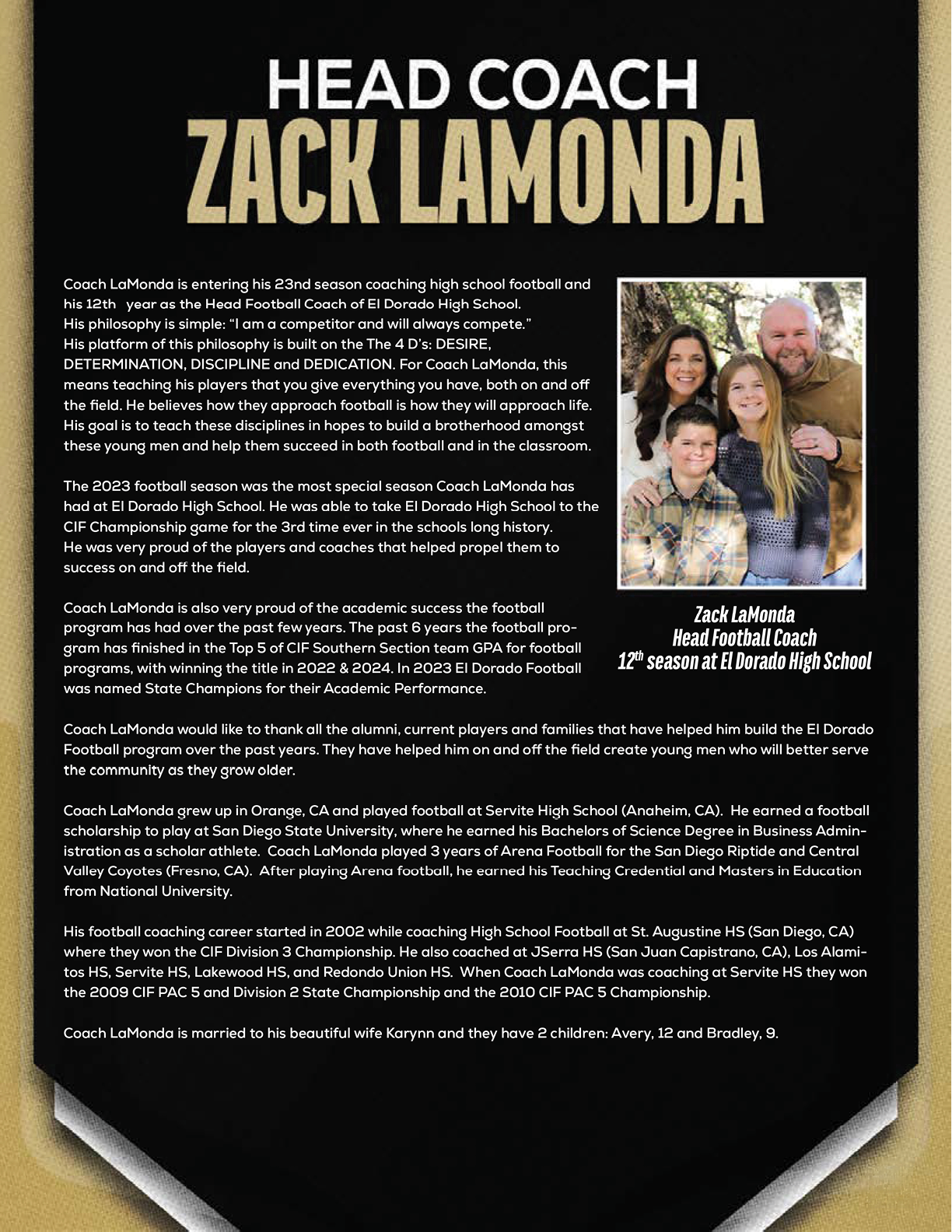 The image features a detailed biography of Zack Lamonda as head coach of El Dorado High School football, highlighting his coaching experience, achievements, and personal background in white and gold text on a black background. Description generated by AI