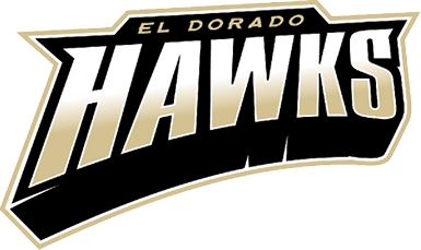 The logo features the words “EL DORADO HAWKS" with "HAWKS" in large, bold, gradient gold and white letters outlined in black and gold, and "EL DORADO" in smaller gold letters above. Description generated by AI