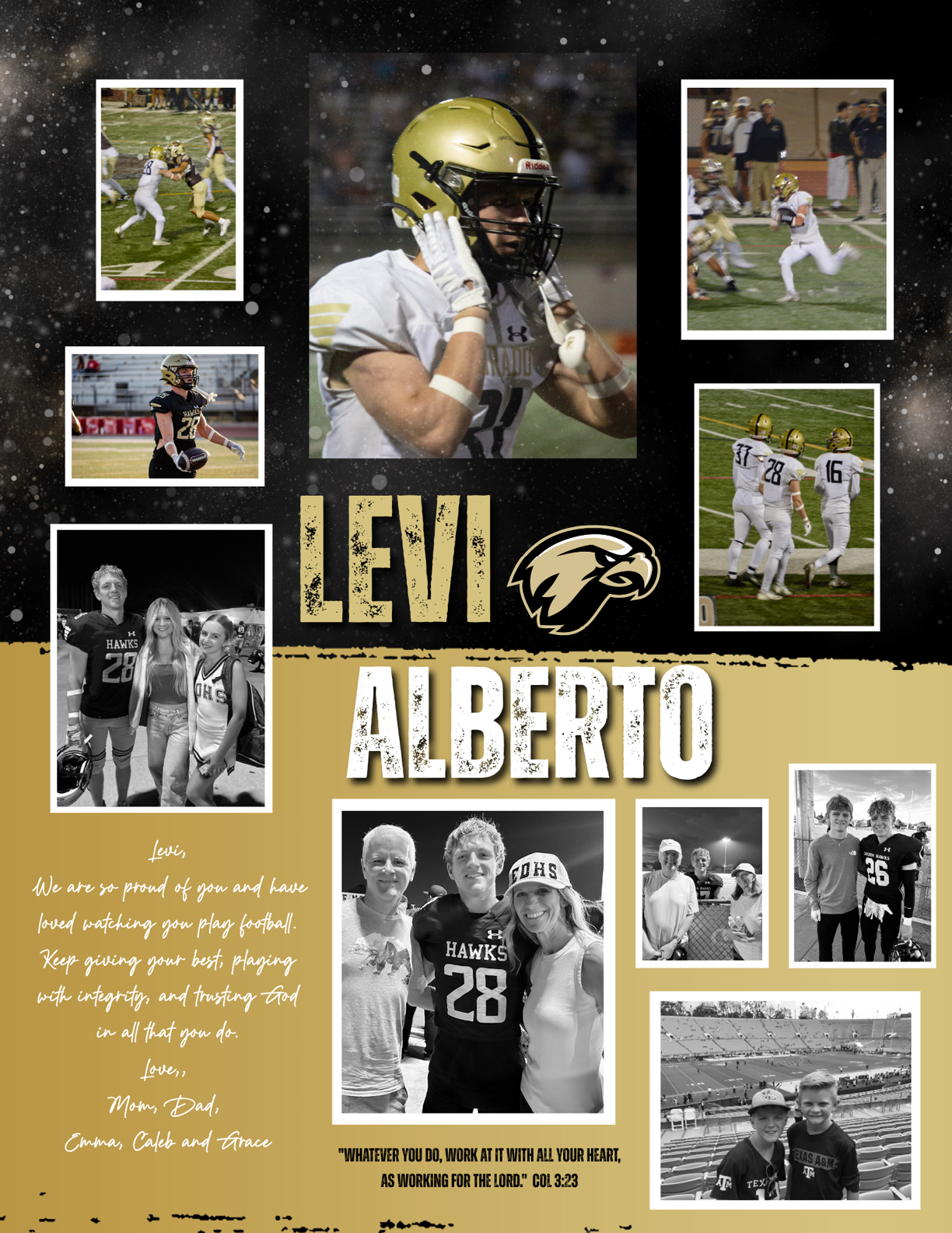 A collage features a football player wearing a gold helmet and white uniform in action, multiple smaller photos of the player on the field and with others, and text expressing pride and encouragement for Levi Alberto with a hawk logo on a black and gold background. Description generated by AI