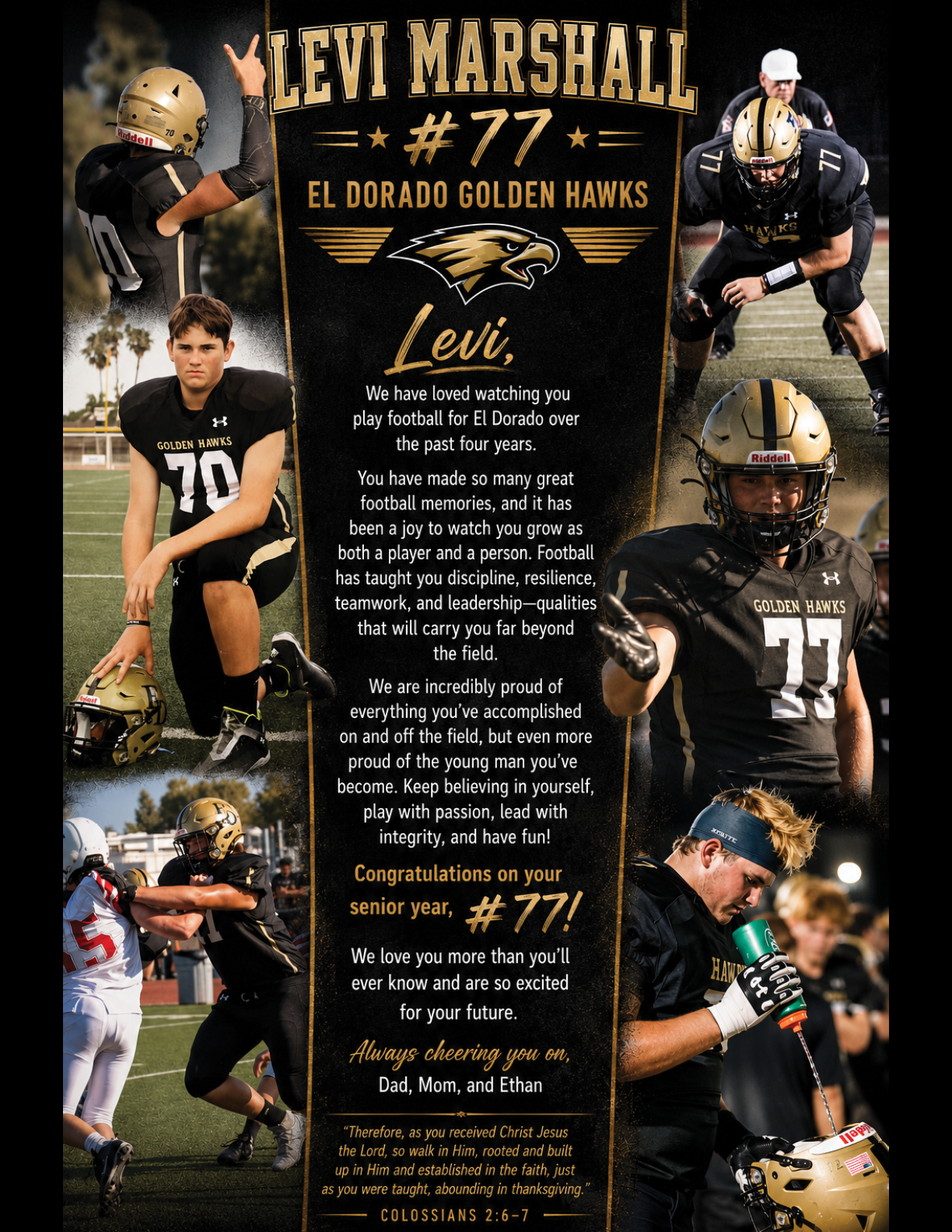 A collage featuring multiple people in black football uniforms with gold helmets and the text celebrating Levi Marshall's senior year and achievements playing for the El Dorado Golden Hawks. Description generated by AI