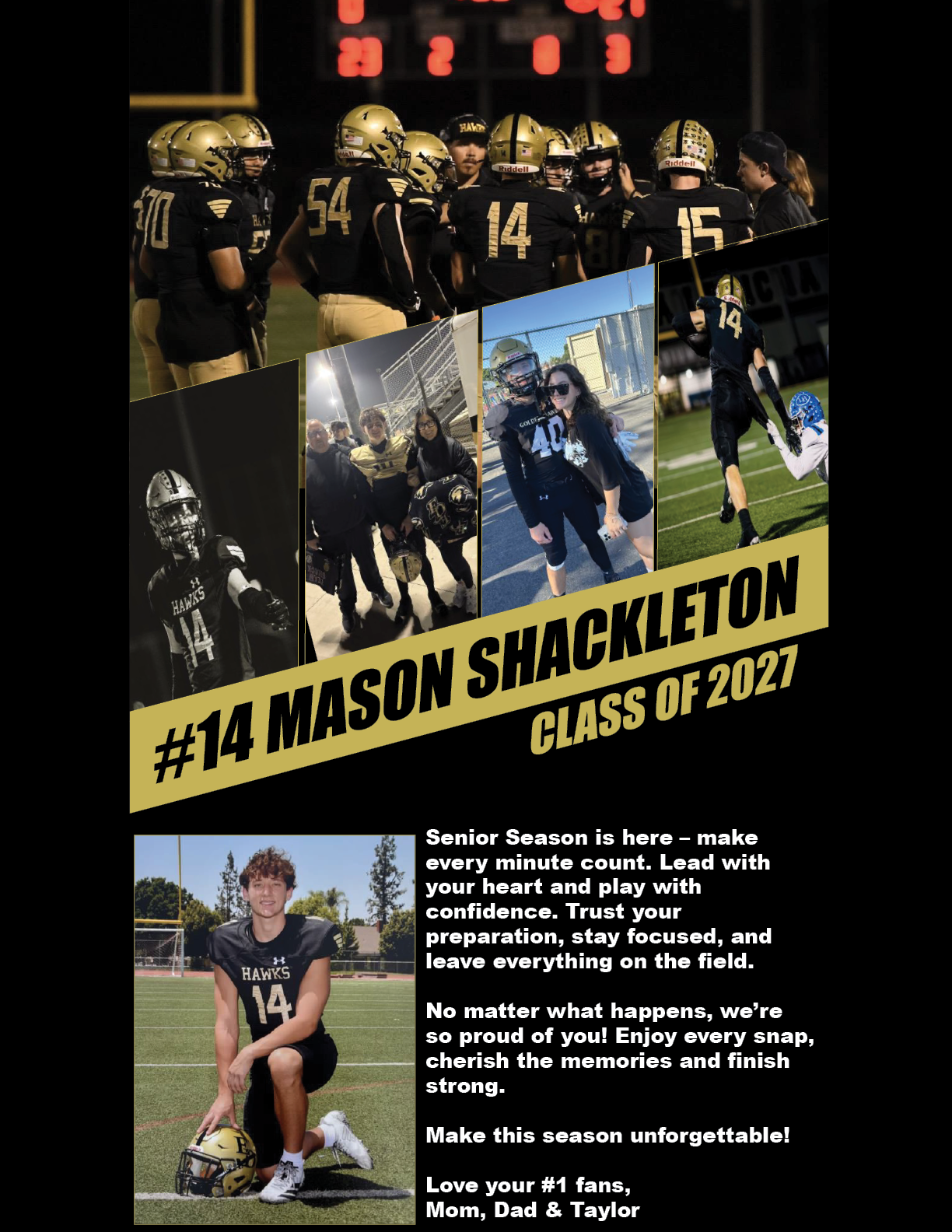 A collage featuring a football player wearing number 14 in various action and posed shots with teammates and supporters, accompanied by bold text highlighting the player's name Mason Shackleton and class of 2027. Description generated by AI