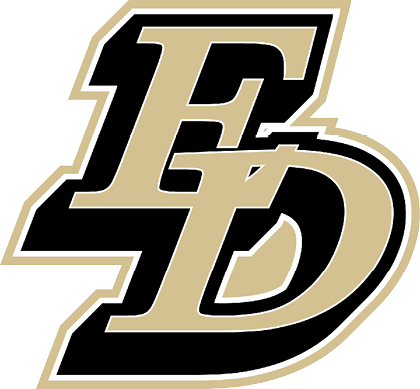 Interlocking stylized letters E and D in black and gold with a bold outline. Description generated by AI