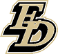 Interlocking stylized letters E and D in black and gold with a bold outline. Description generated by AI