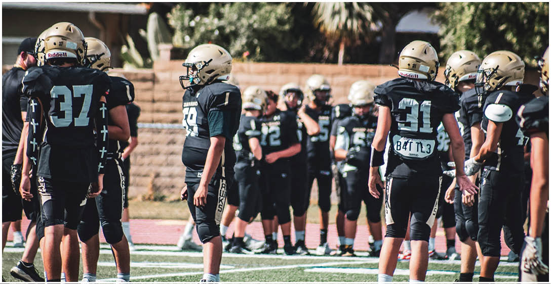 People wearing black football uniforms and gold helmets stand on a field with a brick wall and trees in the background. Description generated by AI