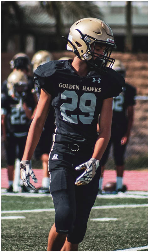 A person wearing a black and gold football uniform with the number 29 and the words “Golden Hawks" stands on a football field with other players in the background. Description generated by AI