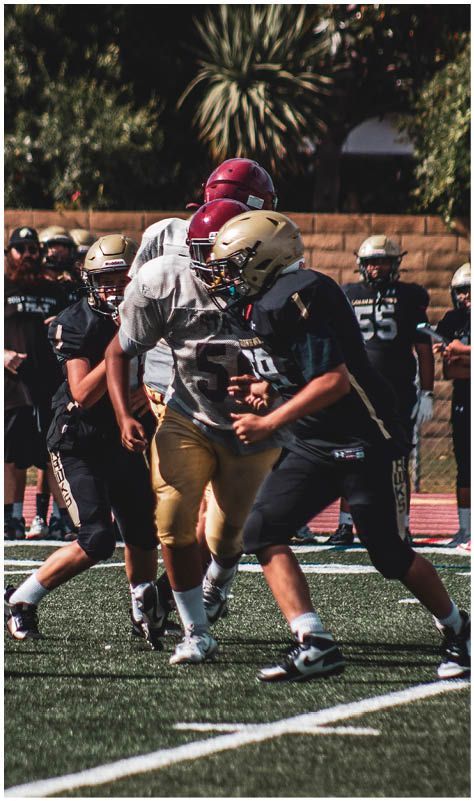 Adults in football uniforms are playing on a field while others stand on the sidelines watching. Description generated by AI