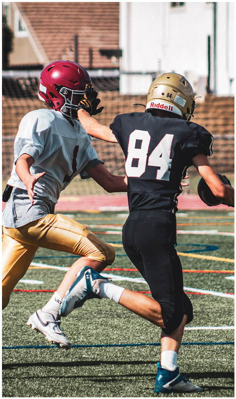 Two people in football gear are running on a field with one person holding a football and the other reaching out to block or tackle. Description generated by AI