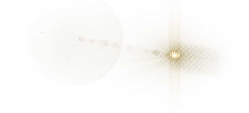 A bright, glowing light source with radiating lines and a faint, large circular shape on a white background. Description generated by AI