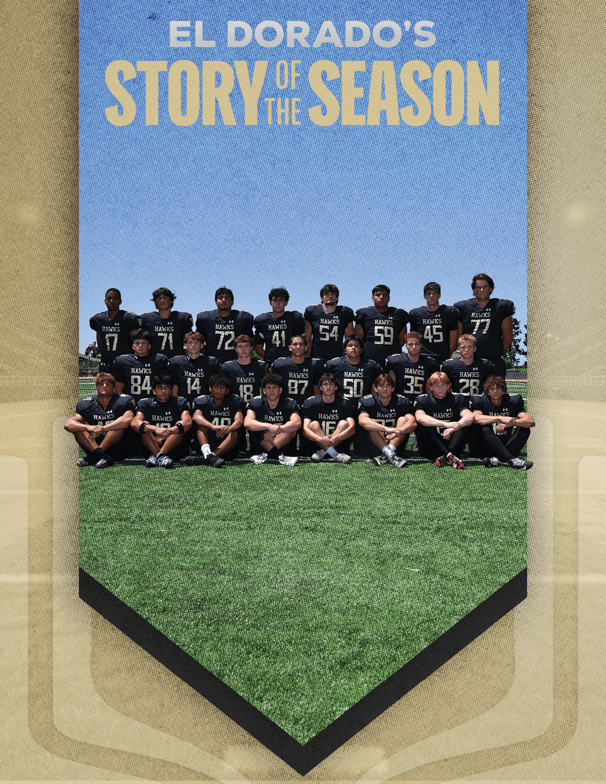 A group of people wearing matching sports uniforms pose together on a grassy field under a clear blue sky with the text “El Dorado's Story of the Season" above them. Description generated by AI