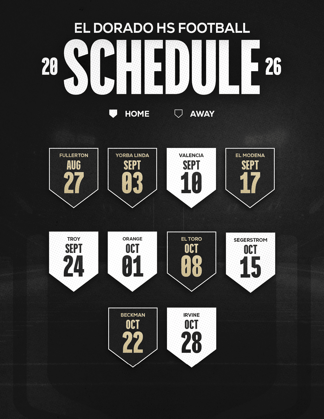 El Dorado High School football schedule for 2026 showing home and away games with dates and opponents in a bold, modern design on a dark background. Description generated by AI