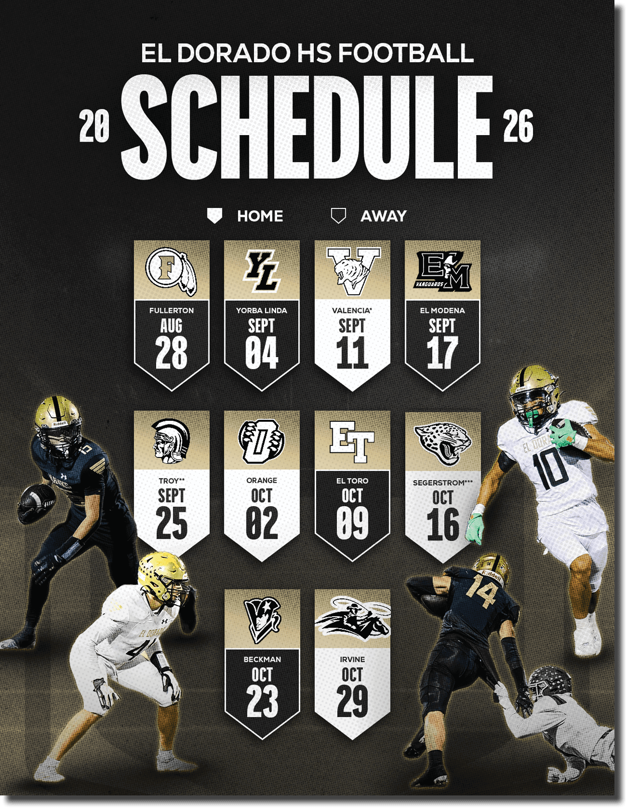 El Dorado High School football schedule graphic with team logos, dates, and images of players in action wearing black and white uniforms. Description generated by AI