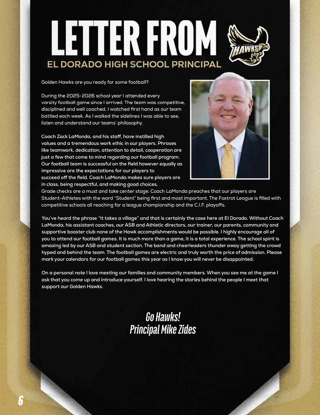 A formal letter from the El Dorado High School principal with a photo of a smiling senior person in a suit, addressing the school's football team achievements and community support. Description generated by AI