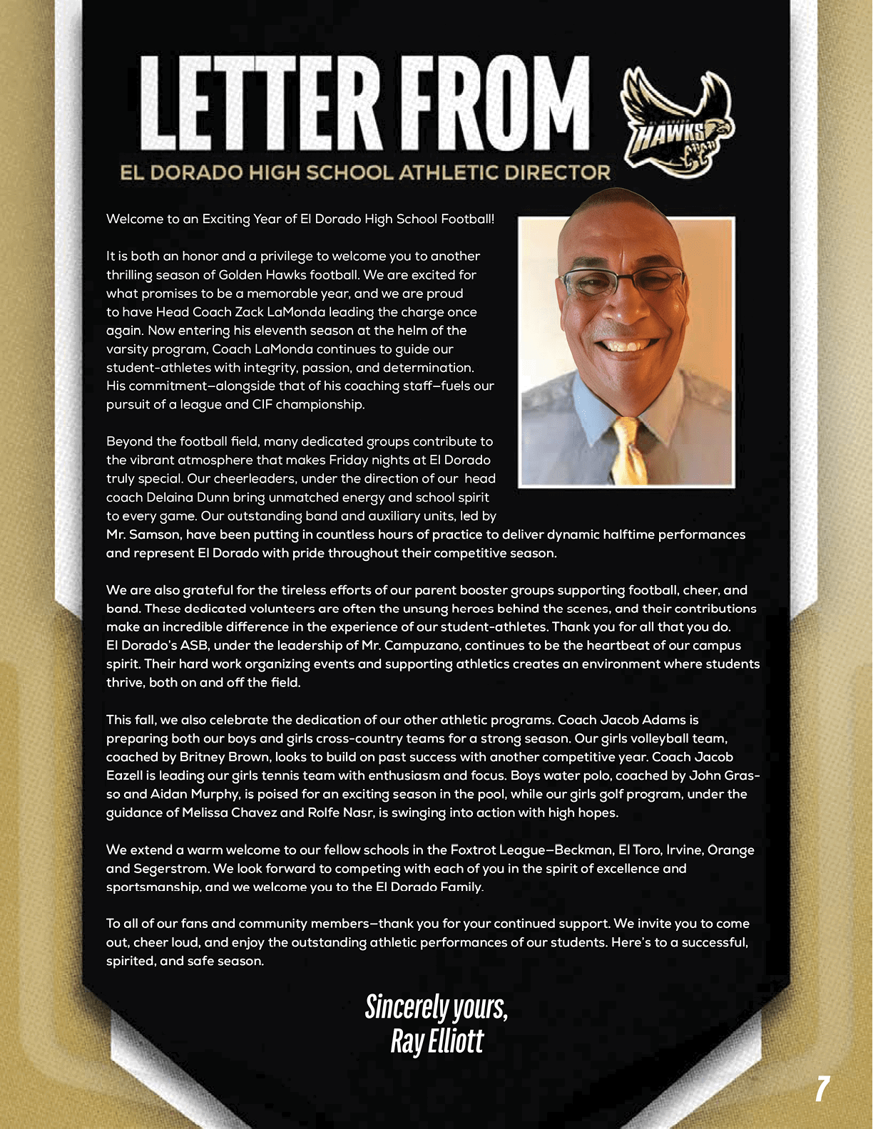 A letter from the El Dorado High School Athletic Director welcoming students to the football season, highlighting team spirit, community support, and upcoming events. Description generated by AI