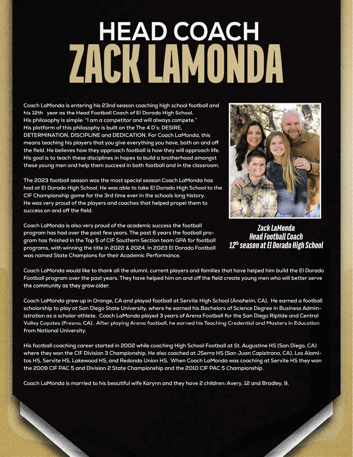 The image features a detailed biography of Zack Lamonda as head coach of El Dorado High School football, highlighting his coaching experience, achievements, and personal background in white and gold text on a black background. Description generated by AI