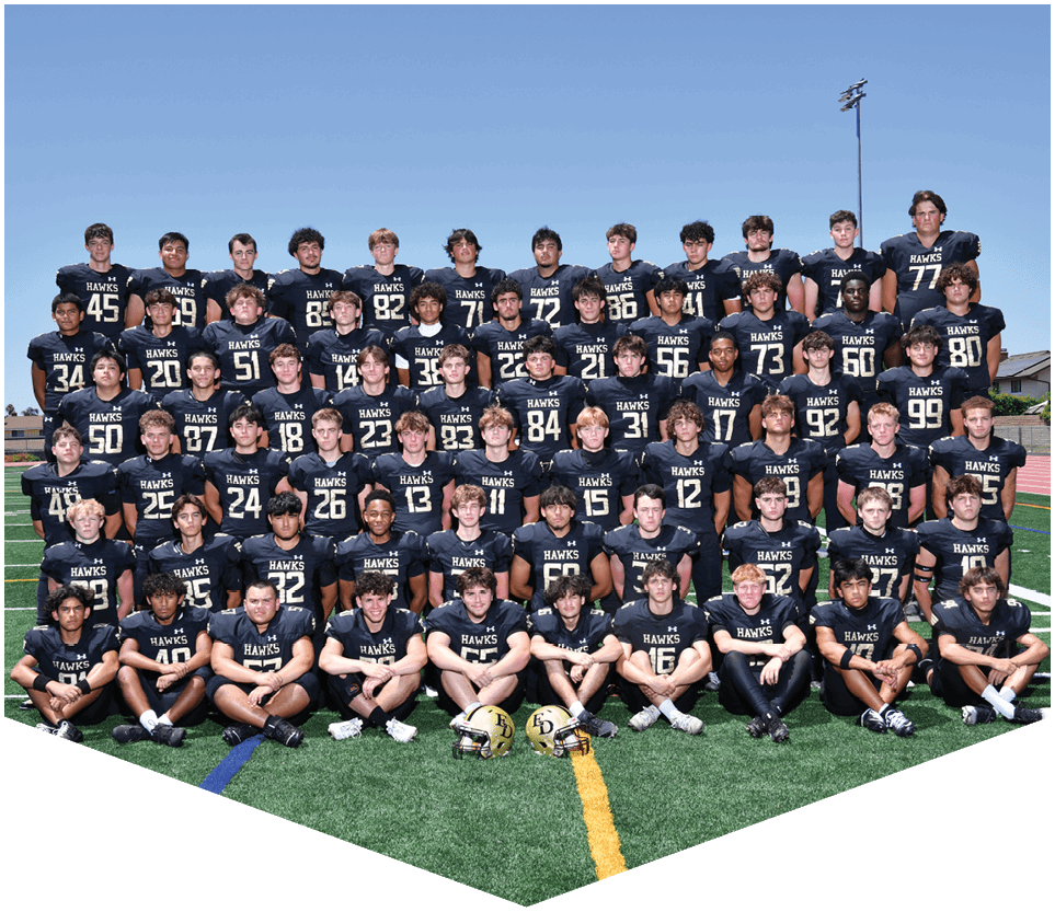 A group of people wearing dark sports jerseys with the word “HAWKS" and numbers posed closely together for a team photo. Description generated by AI