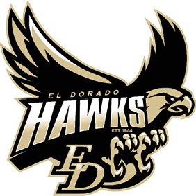 A stylized hawk with outstretched wings clutching the letters “ED" with the text "El Dorado Hawks" and "Est. 1966" integrated into the design. Description generated by AI