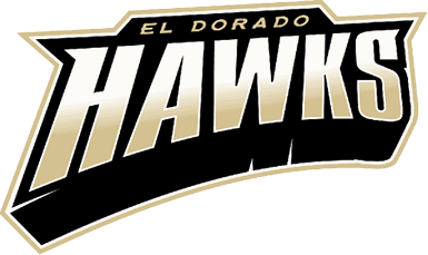 The logo features the words “EL DORADO HAWKS" with "HAWKS" in large, bold, gradient gold and white letters outlined in black and gold, and "EL DORADO" in smaller gold letters above. Description generated by AI
