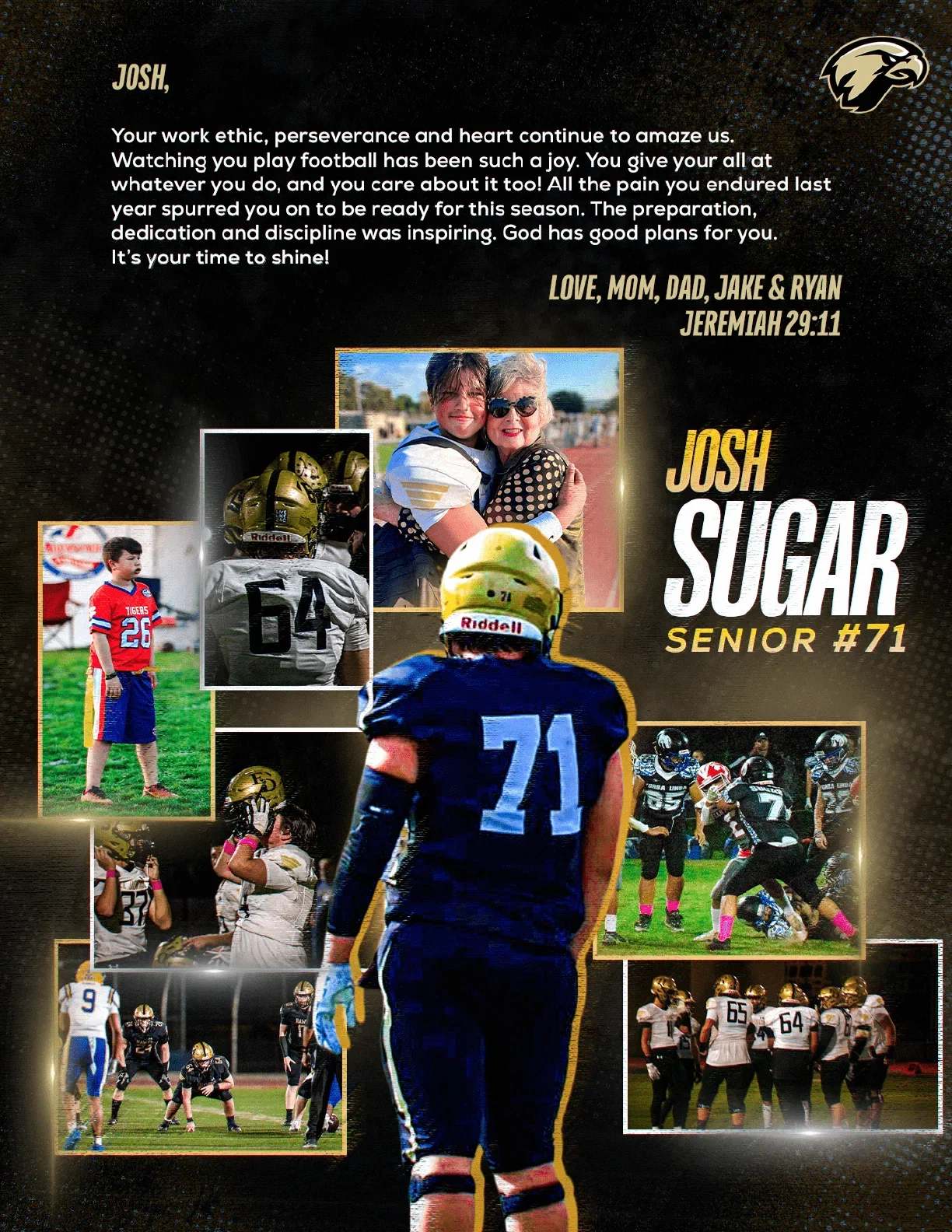 A collage of photos shows a senior football player wearing a blue jersey with number 71, playing on the field, posing with family, and celebrating, accompanied by a heartfelt message from loved ones. Description generated by AI