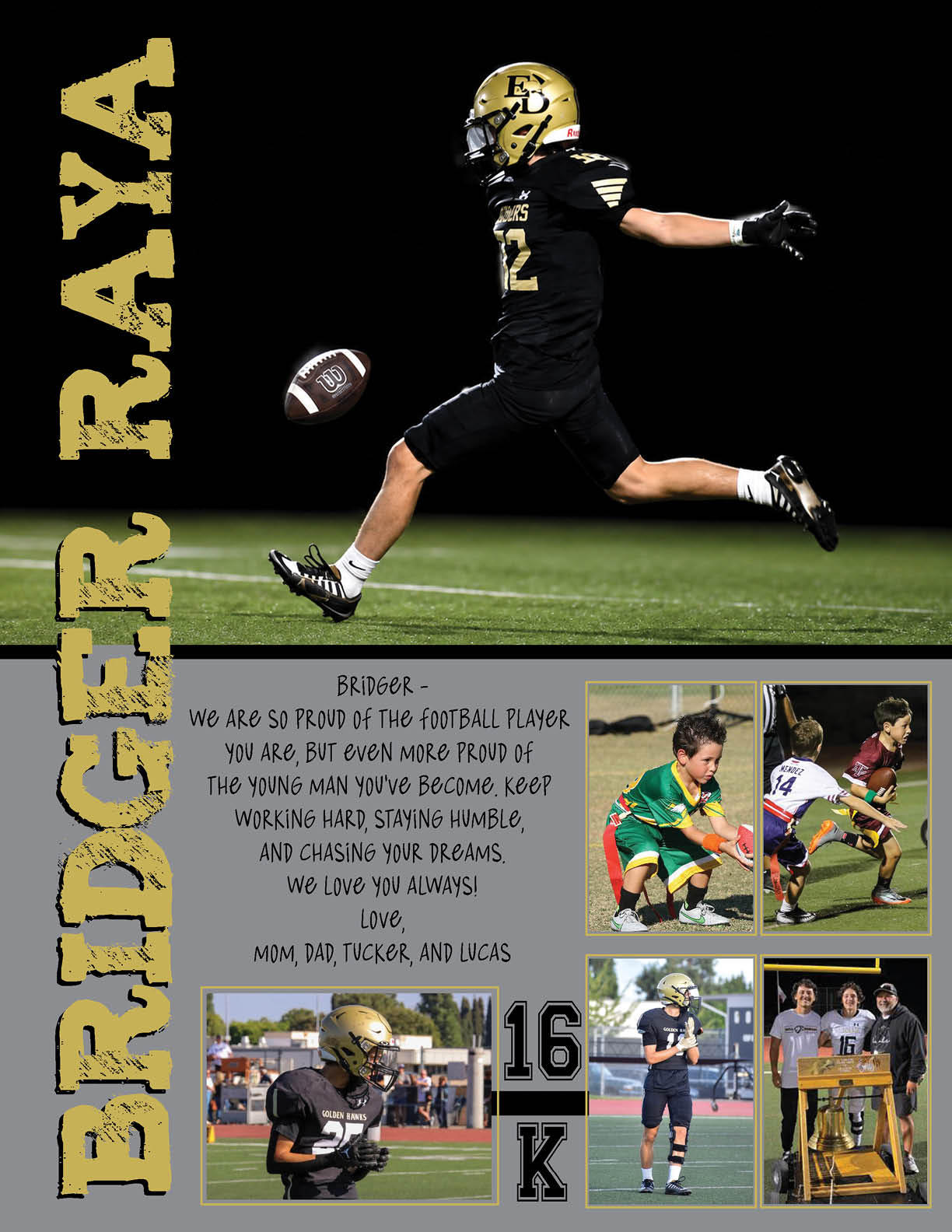 A collage featuring a football player in black and gold uniform kicking a football on a field at night, accompanied by smaller photos of children playing soccer, the same football player in action, and a group of people standing around a table, with a motivational message about pride and hard work. Description generated by AI