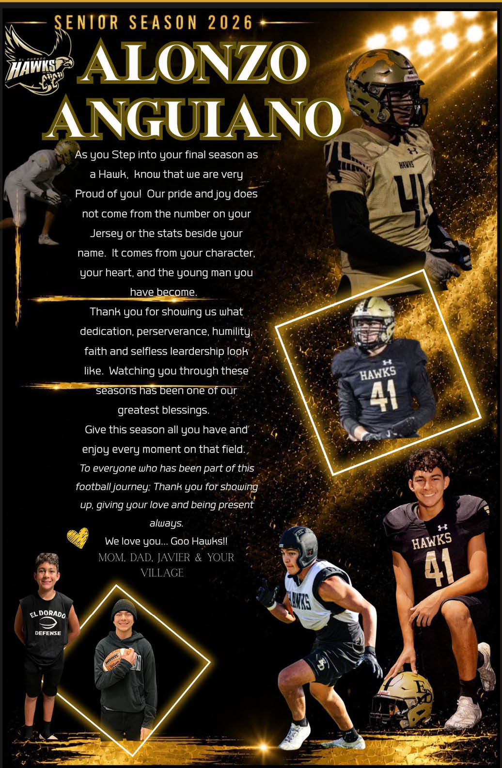 A senior season 2026 sports tribute collage features a person in various action poses wearing a football uniform with the number 41 and includes a motivational message about character, dedication, and gratitude. Description generated by AI