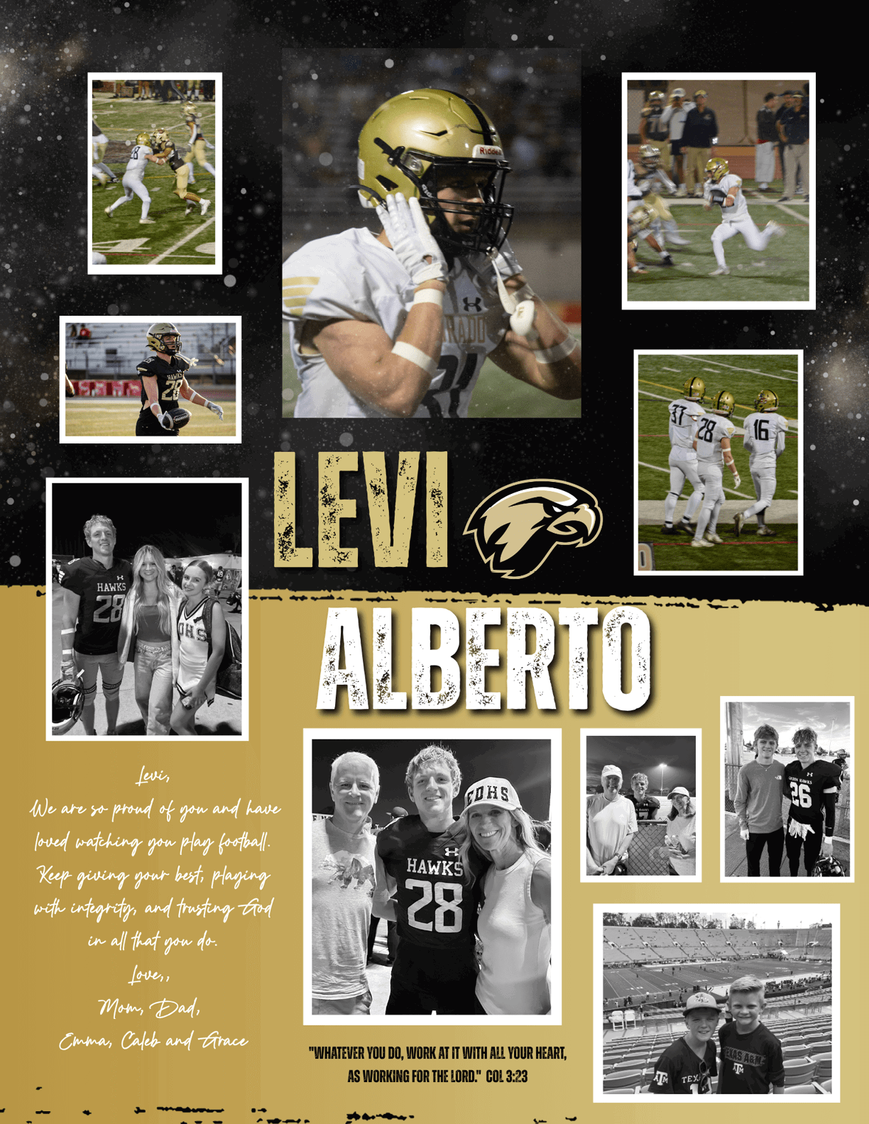 A collage features a football player wearing a gold helmet and white uniform in action, multiple smaller photos of the player on the field and with others, and text expressing pride and encouragement for Levi Alberto with a hawk logo on a black and gold background. Description generated by AI