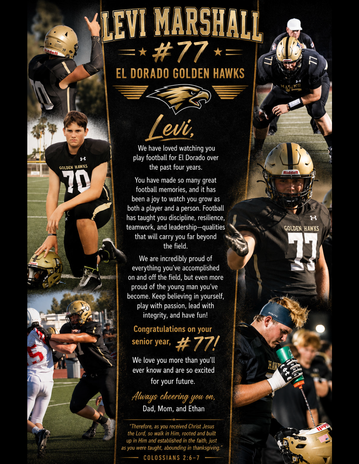 A collage featuring multiple people in black football uniforms with gold helmets and the text celebrating Levi Marshall's senior year and achievements playing for the El Dorado Golden Hawks. Description generated by AI