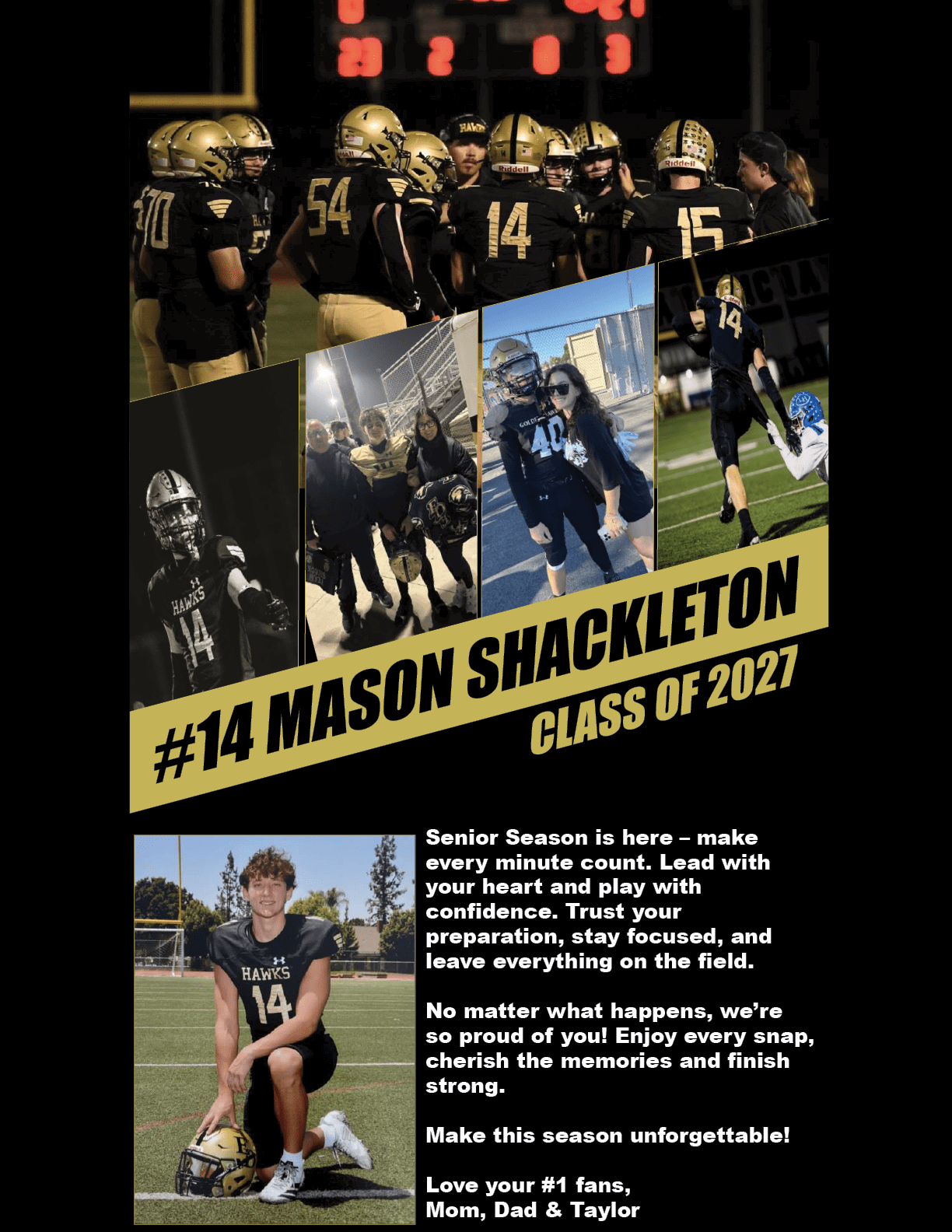 A collage featuring a football player wearing number 14 in various action and posed shots with teammates and supporters, accompanied by bold text highlighting the player's name Mason Shackleton and class of 2027. Description generated by AI