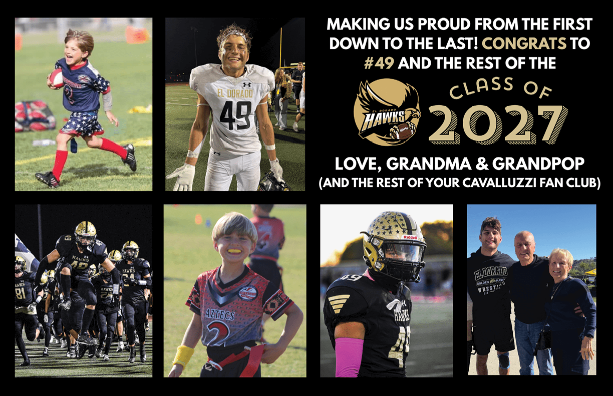 A collage of photos shows a child playing soccer, a person in a football uniform with the number 49, a football team running on the field, a smiling child in a sports jersey, a football player in a helmet and pink arm sleeve, and two adults standing together with a congratulatory message for the Class of 2027 from Grandma and Grandpop. Description generated by AI