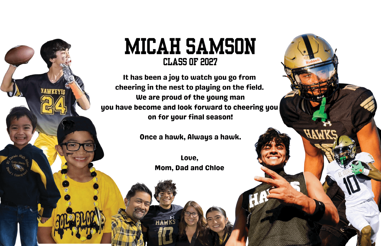 A collage celebrating Micah Samson's final season in football with multiple photos of a person in football gear, casual clothing, and with family members, accompanied by a heartfelt message from family. Description generated by AI