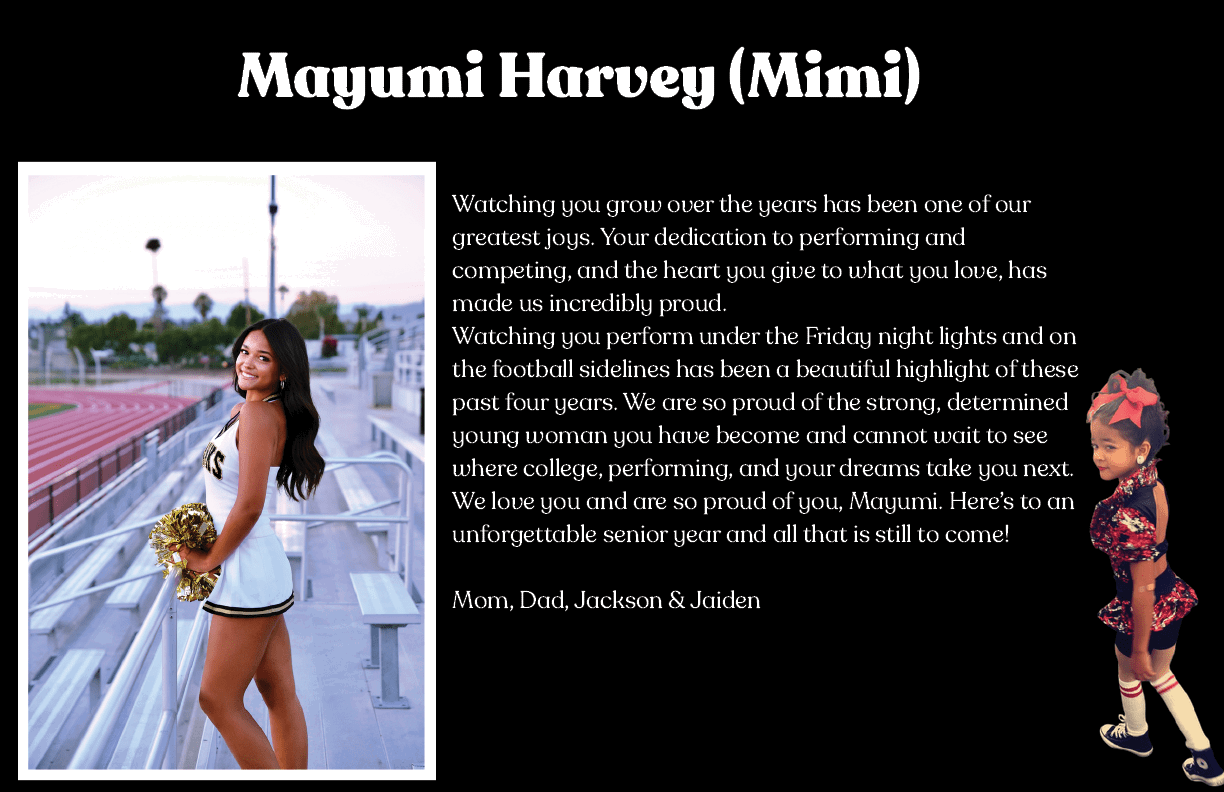 A person in a cheerleading outfit holding pom-poms stands on bleachers next to a message expressing pride and encouragement for Mayumi Harvey's senior year achievements and future endeavors. Description generated by AI