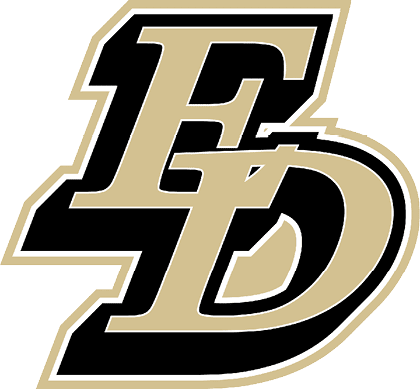 Interlocking stylized letters E and D in black and gold with a bold outline. Description generated by AI